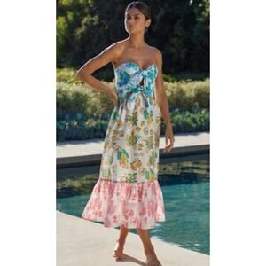 AUTH FARM RIO Ruffle Midi Bustier Dress Sz S 2025 Anthropologie